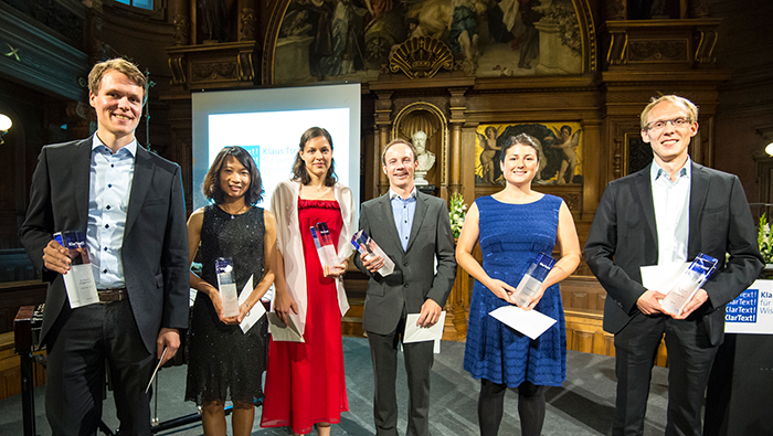 Die Preisträgerinnen und Preisträger des Klaus Tschira Preises 2016: (v.l.) Dr. Martin Brüggemann, Jiehua Chen, Dr. Ágnes Cseh, Dr. Benjamin Gaub, Dr. Lena Veit und Dr. Martin Pitzer