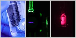 Production of solar hydrogen with blue light (left), green-to-blue photon upconversion using triplet-triplet annihilation and earth abundant elements (middle) and highly red-emissive molecular ruby for applications in sensing, upconversion and catalysis (right).